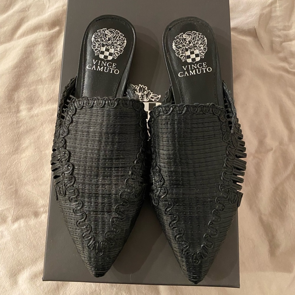 Vince Camuto Black Leather Flat Mules